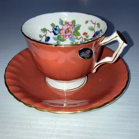 Vintage Aynsley 2902 Teacup and Saucer Burnt Orange Bird Flowers China England - Picture 1 of 7
